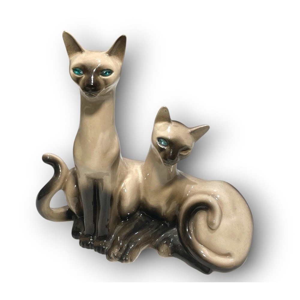 Vtg Lane & Co MCM Siamese Cat Pair TV Lamp #858 Blue Crystal Eyes Ceramic 12.5"